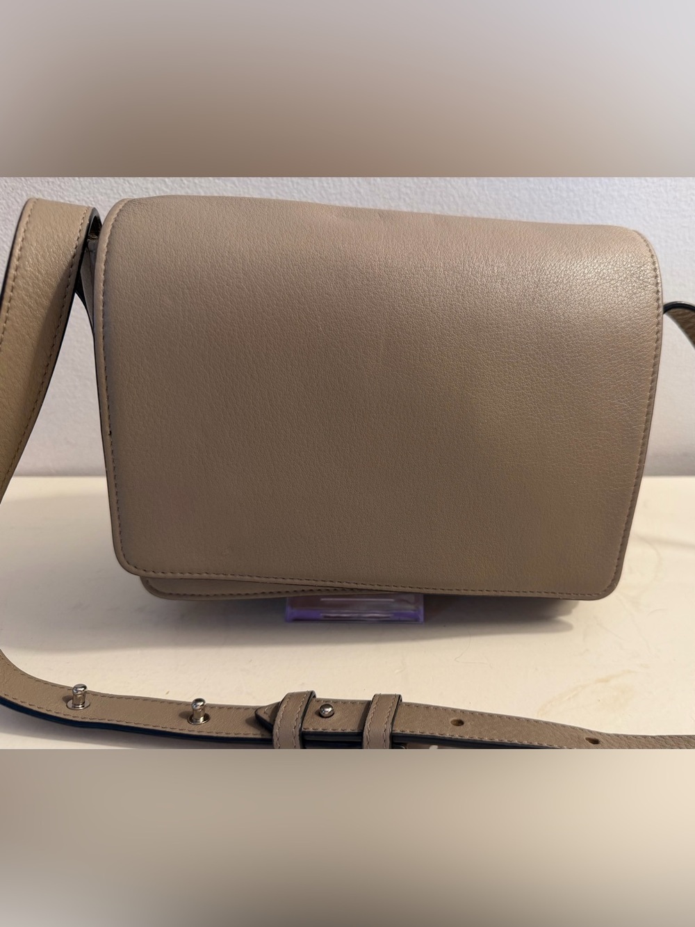 Leatherology taupe/beige full grain leather small crossbody bag.